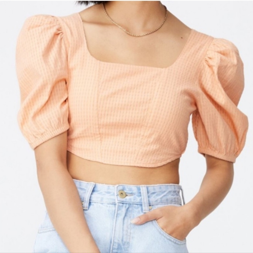 Cotton On Womens Medium Peach Puff Sleeve Stretchy Cropped Top